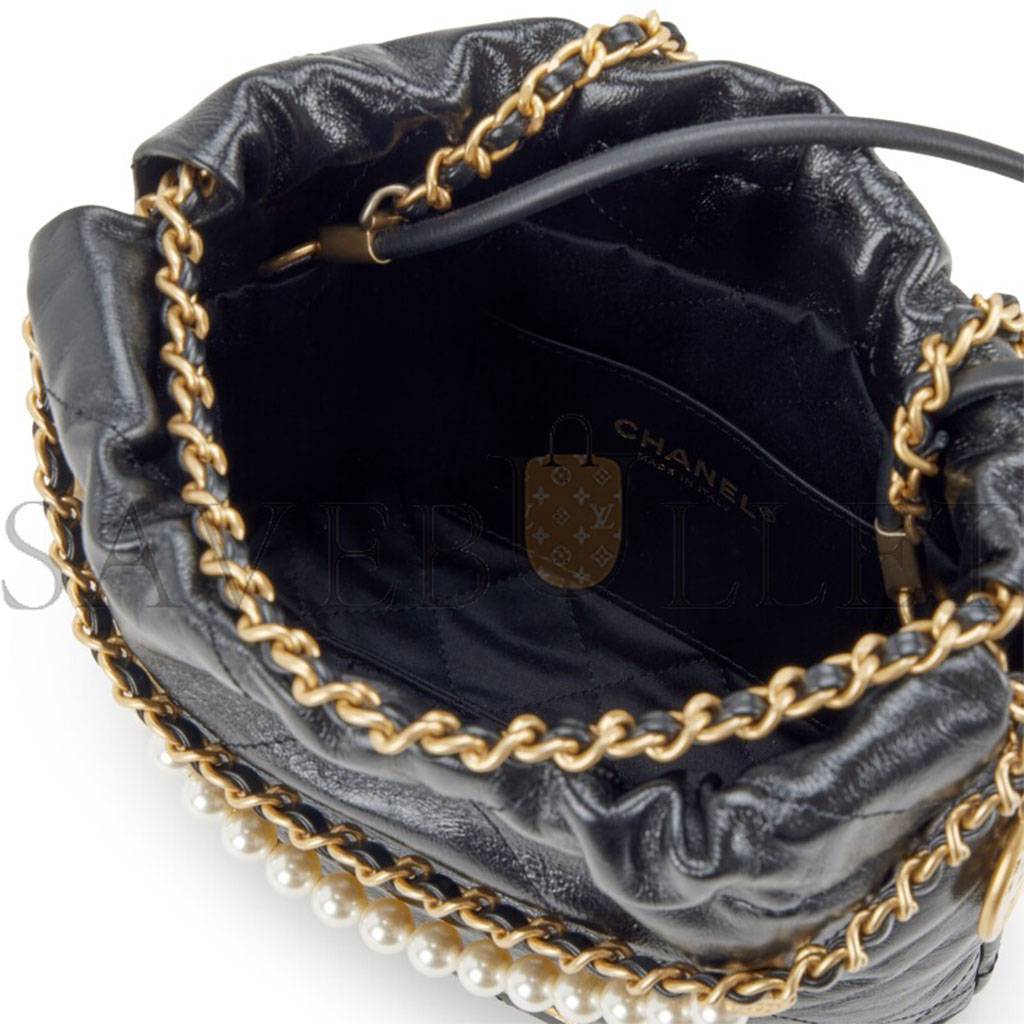 Ch*el master shiny crumpled calfskin quilted pearl mini Ch*el 22 black as3980 (20*19*6cm)